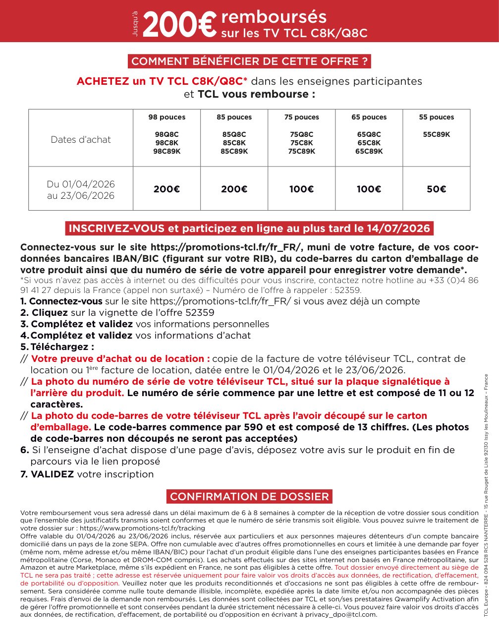 TCL 98C89K formulaire offre de remboursement