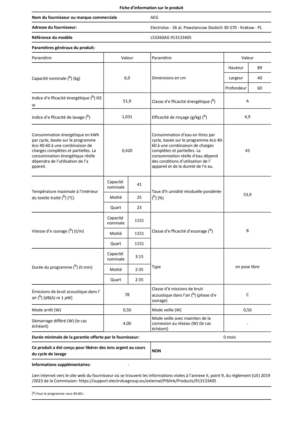 Fiche UE AEG L53260AG