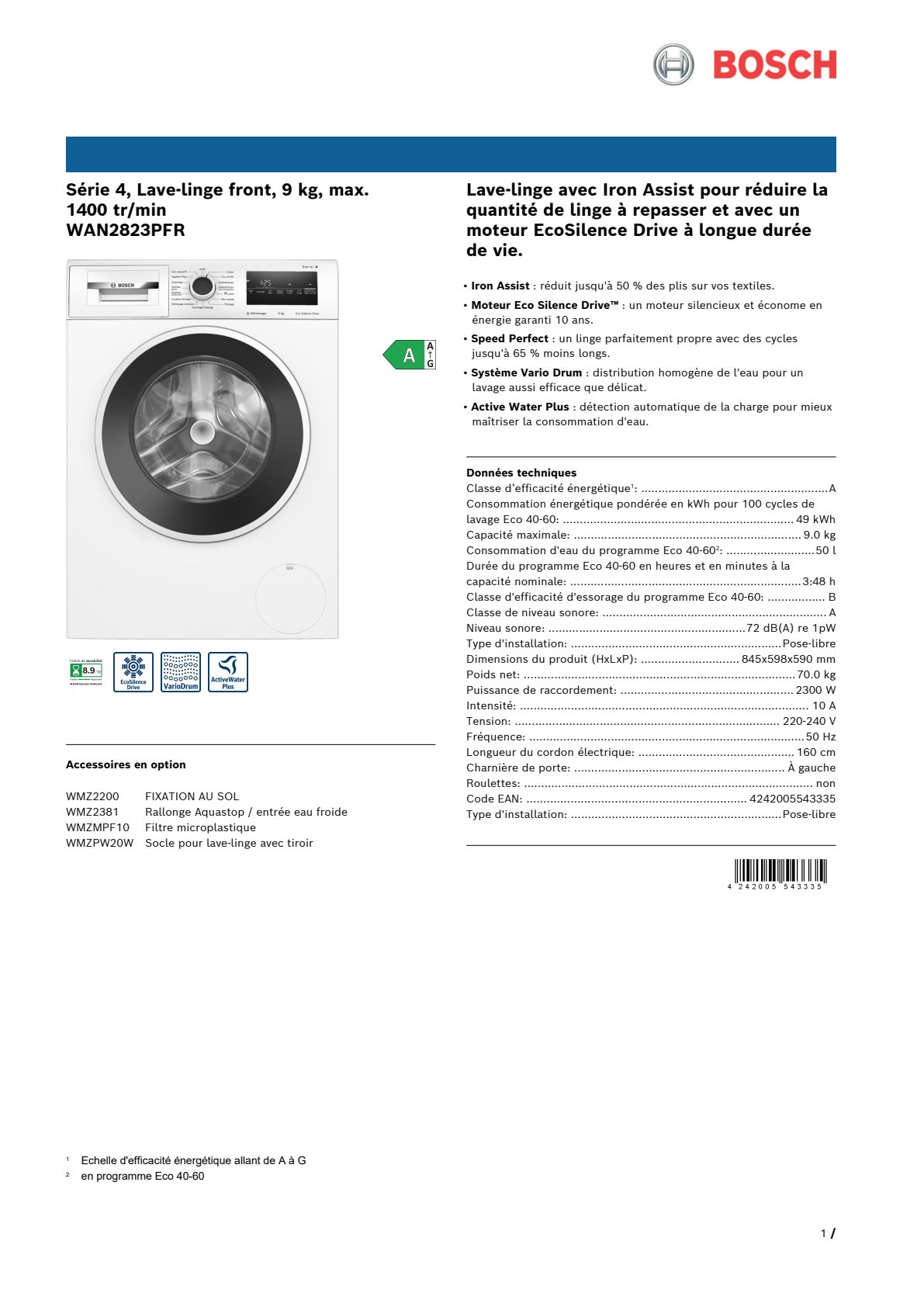 Fiche produit BOSCH WAN2823PFR