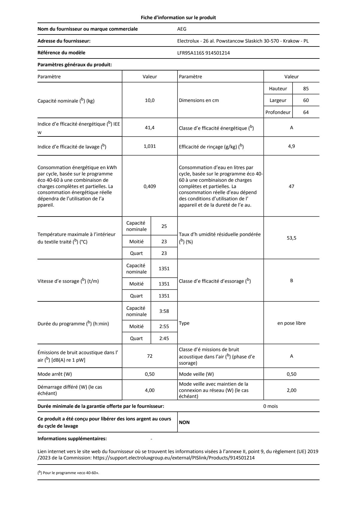Fiche UE AEG LFR95A116S