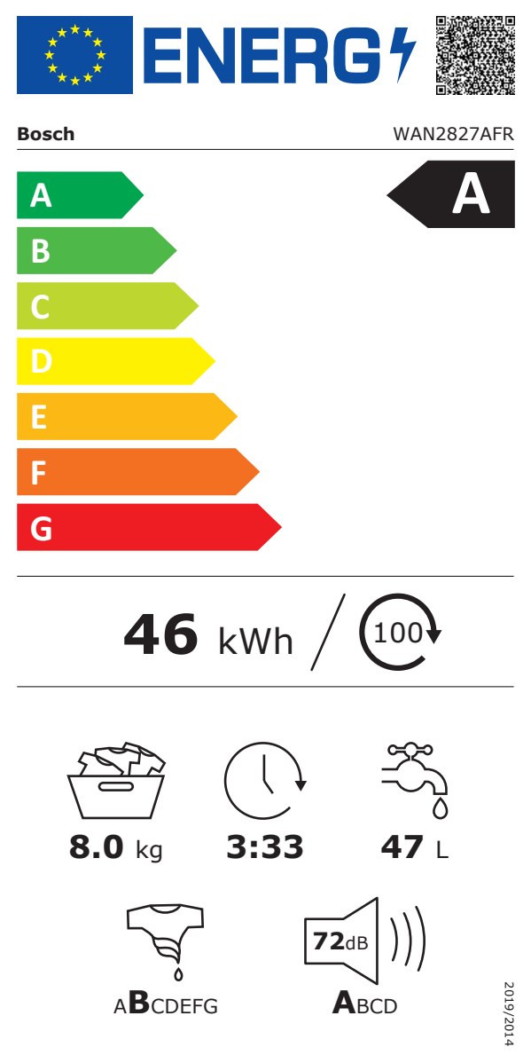 Étiquette énergétique BOSCH WAN2827AFR