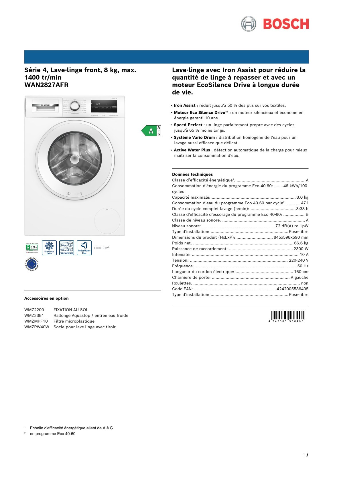 Fiche produit BOSCH WAN2827AFR