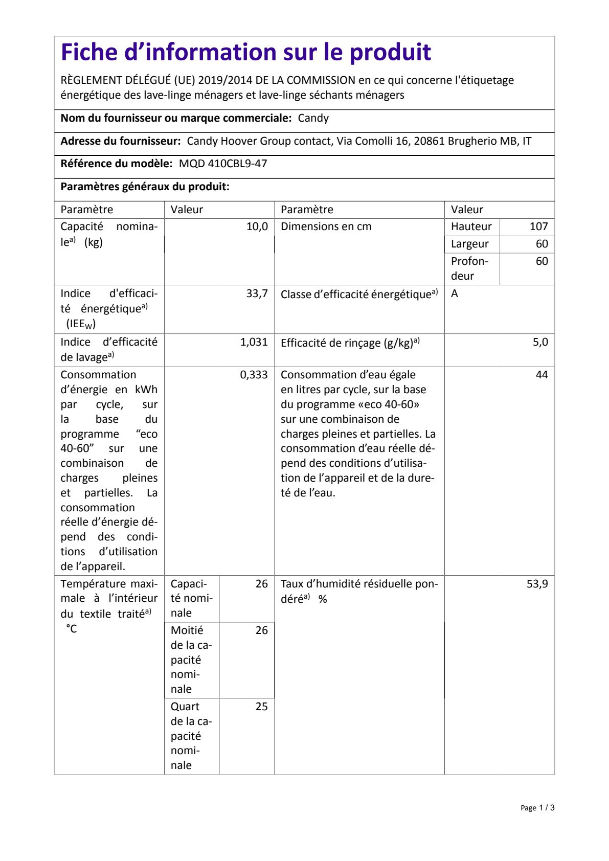 Fiche UE CANDY MQD410CBL9-47