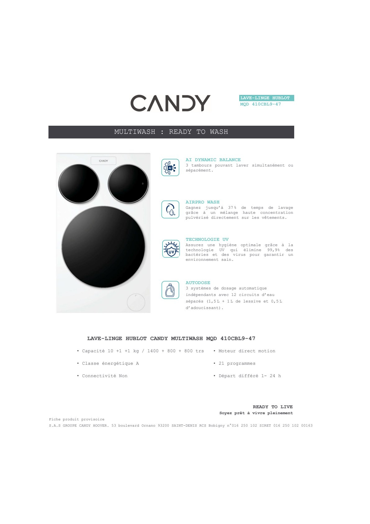 Fiche produit CANDY MQD410CBL9-47