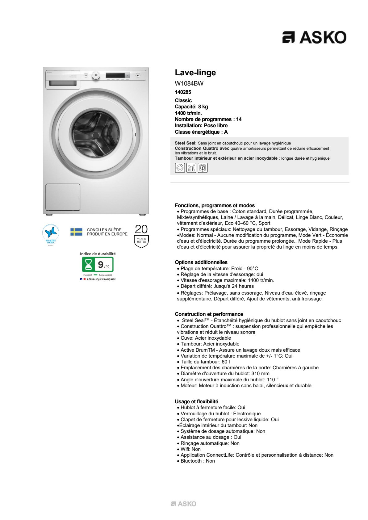 Fiche produit ASKO W1084BW