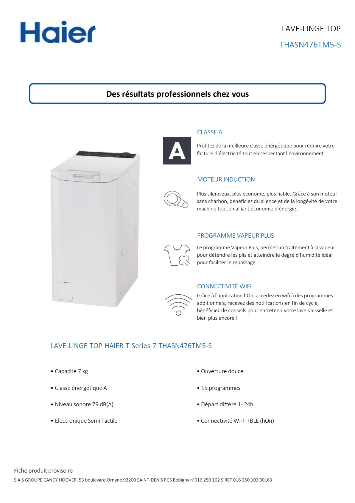 Fiche produit HAIER THASN476TM5-S
