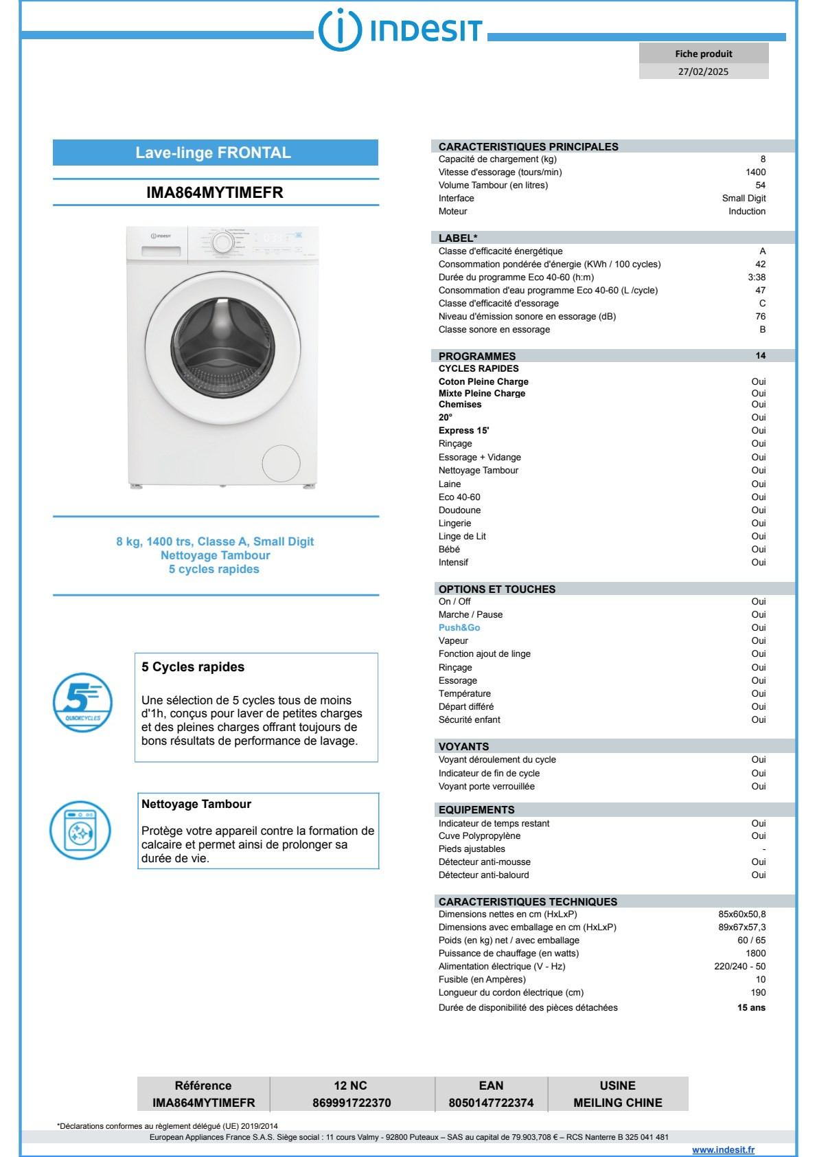 Fiche produit INDESIT IMA864MYTIMEFR