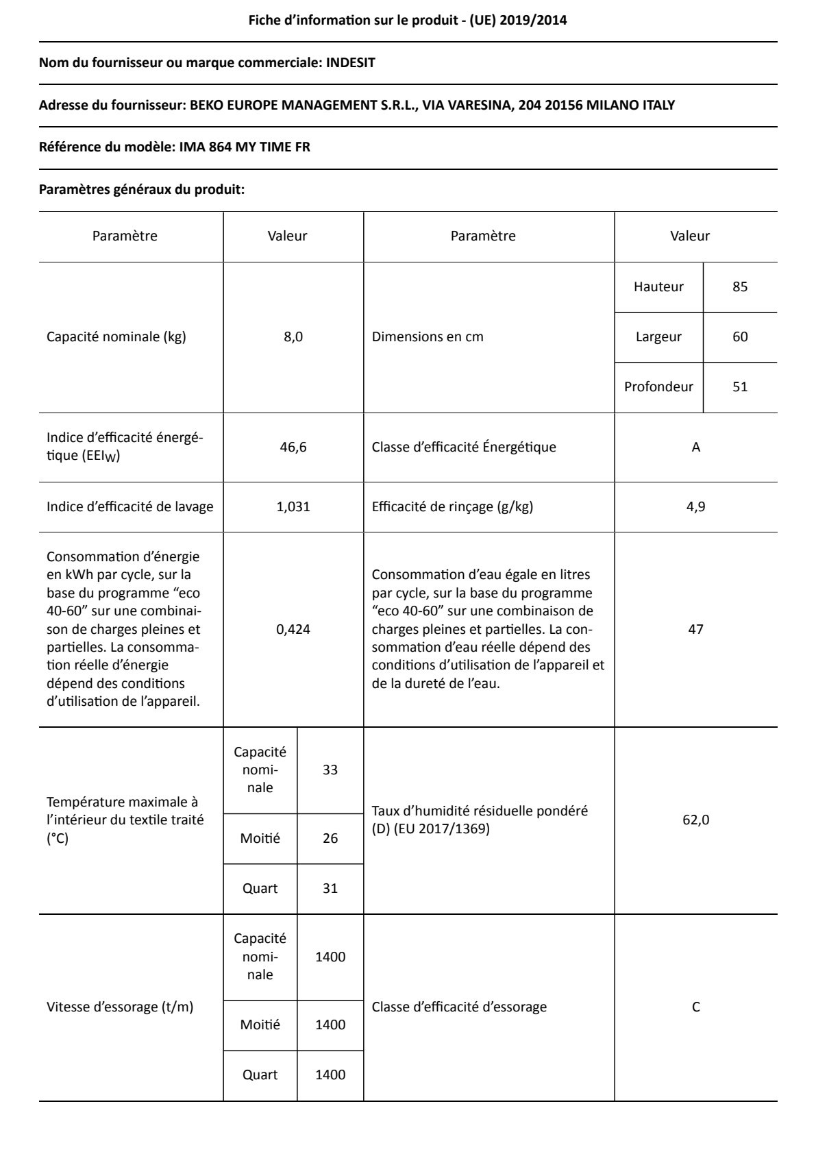 Fiche UE INDESIT IMA864MYTIMEFR