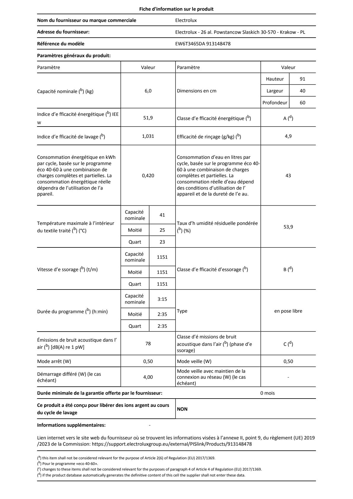 Fiche UE ELECTROLUX EW6T3465DA