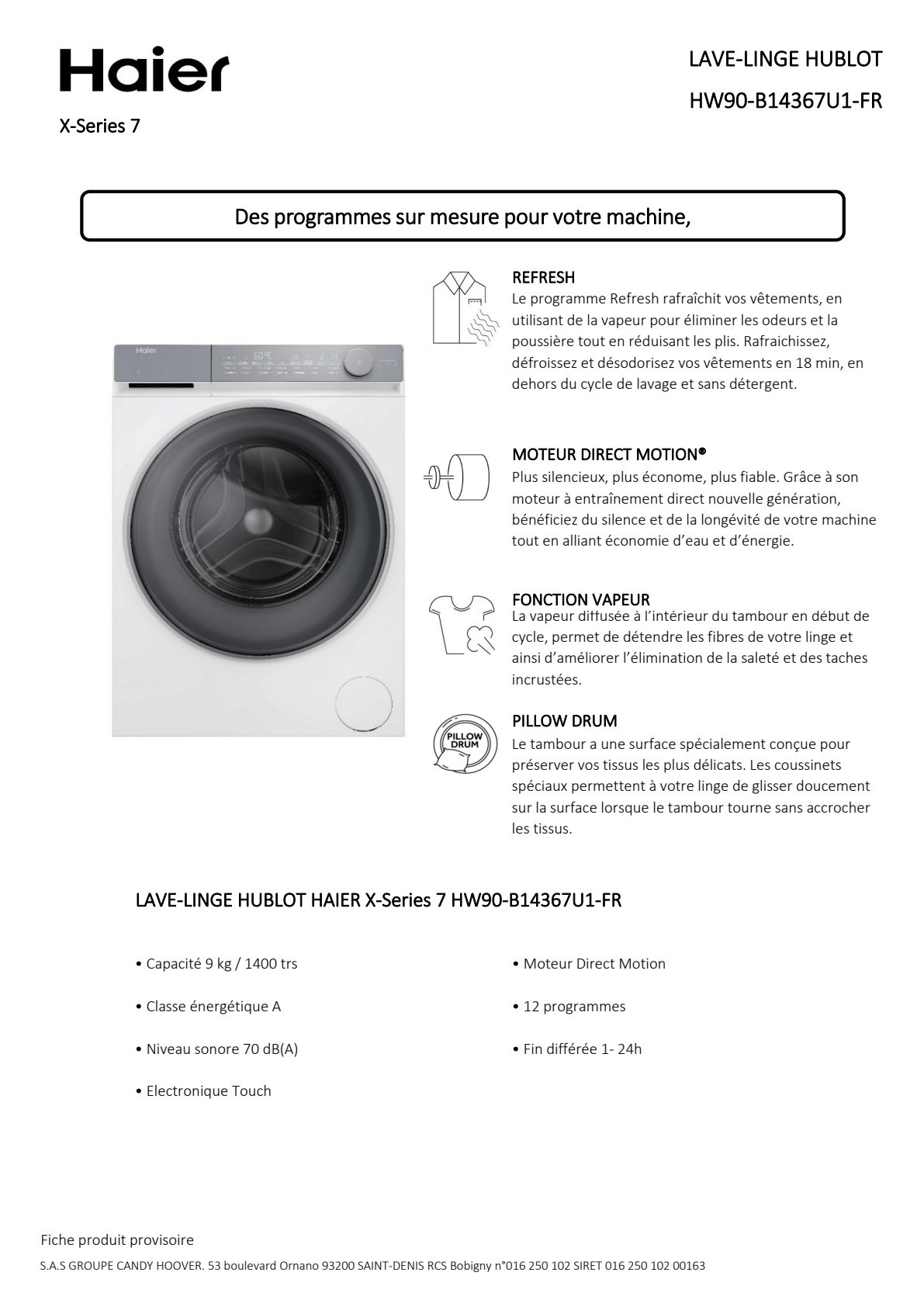 Fiche produit HAIER HW90-B14367U1-FR