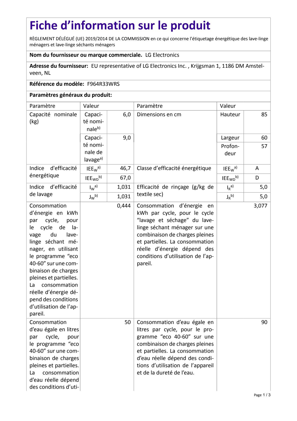 Fiche UE LG F964R33WRS