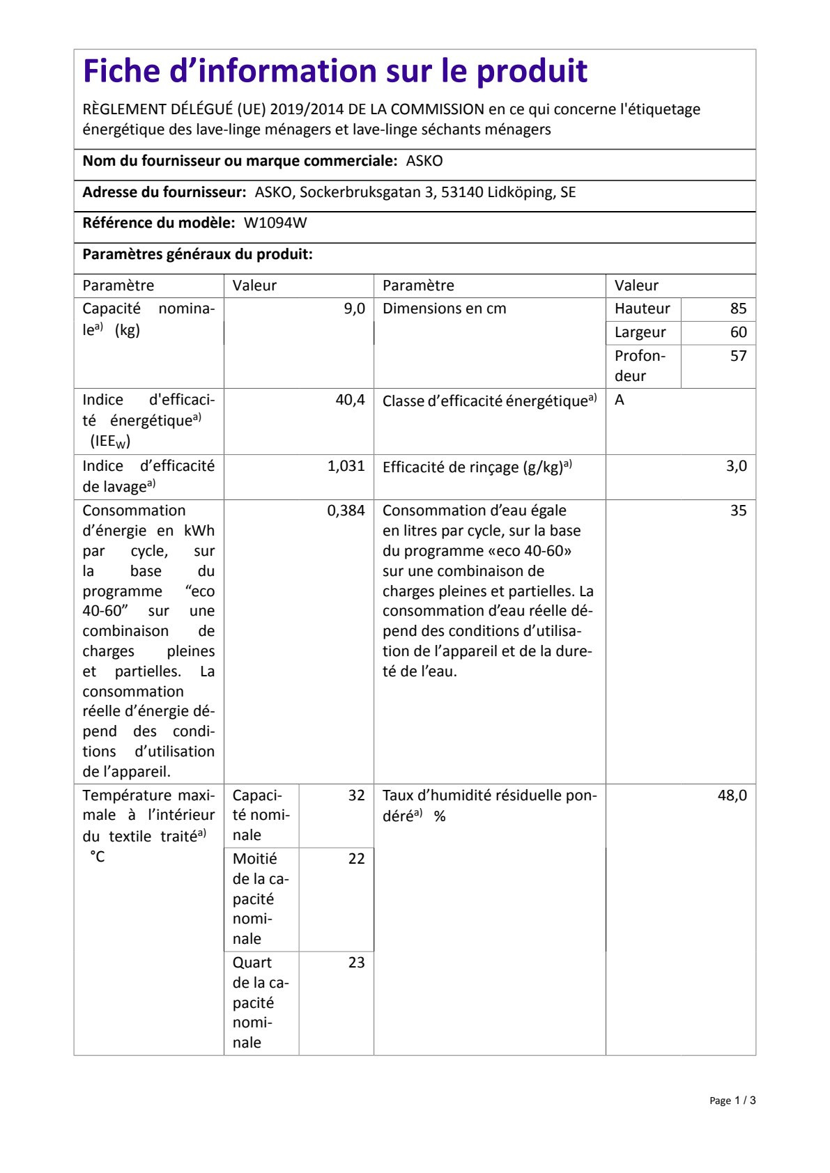 Fiche UE ASKO W1094W