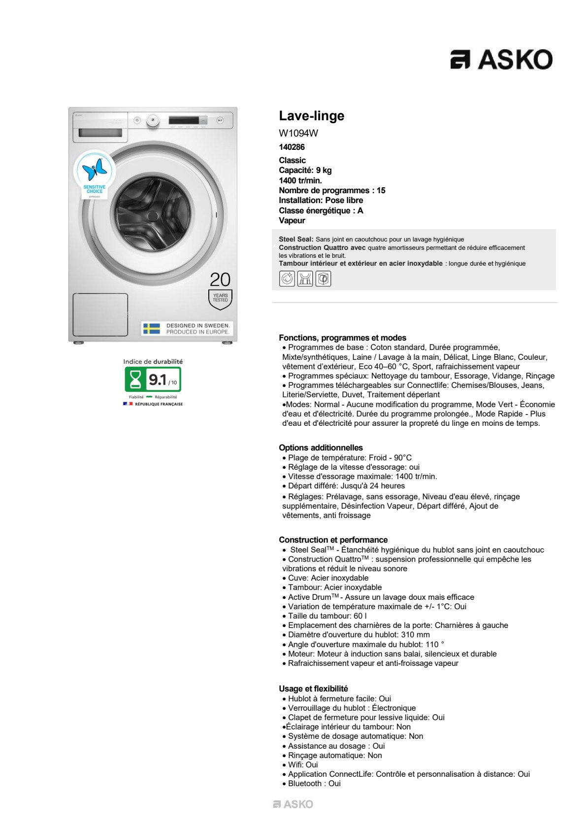 Fiche produit ASKO W1094W