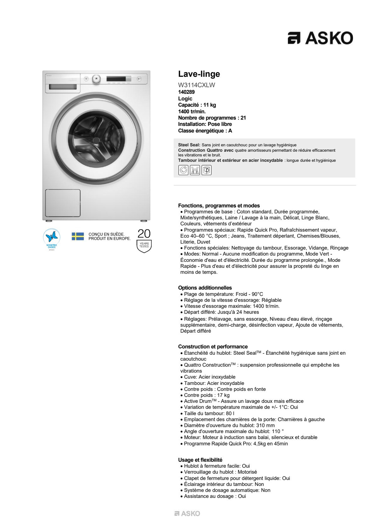 Fiche produit ASKO W3114CXLW