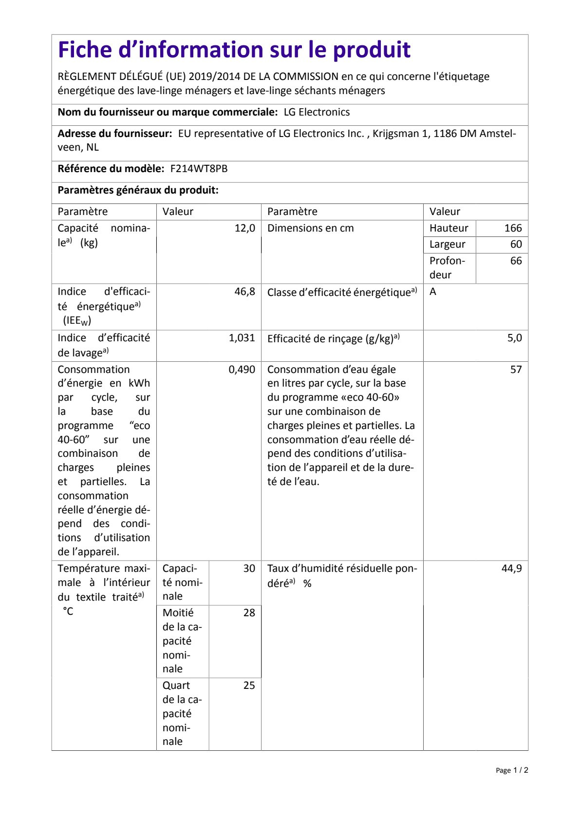 Fiche UE LG F214WT8PB