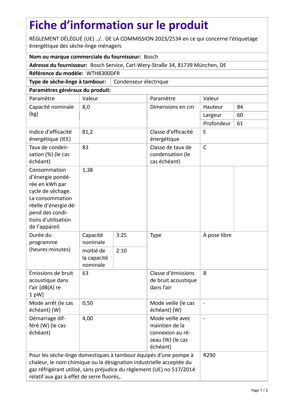 Fiche UE BOSCH WTH8300DFR