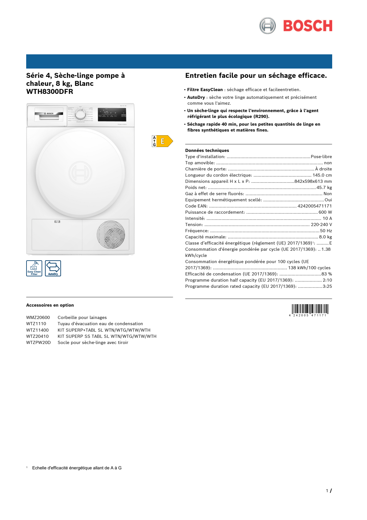 Fiche produit BOSCH WTH8300DFR