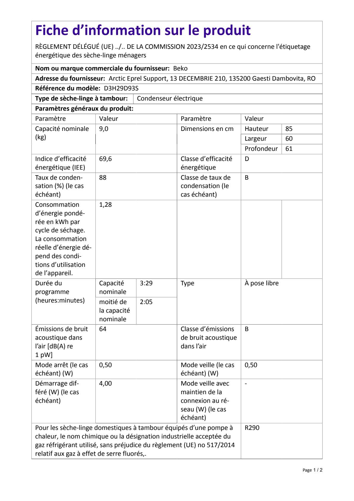 Fiche UE BEKO D3H29D93S