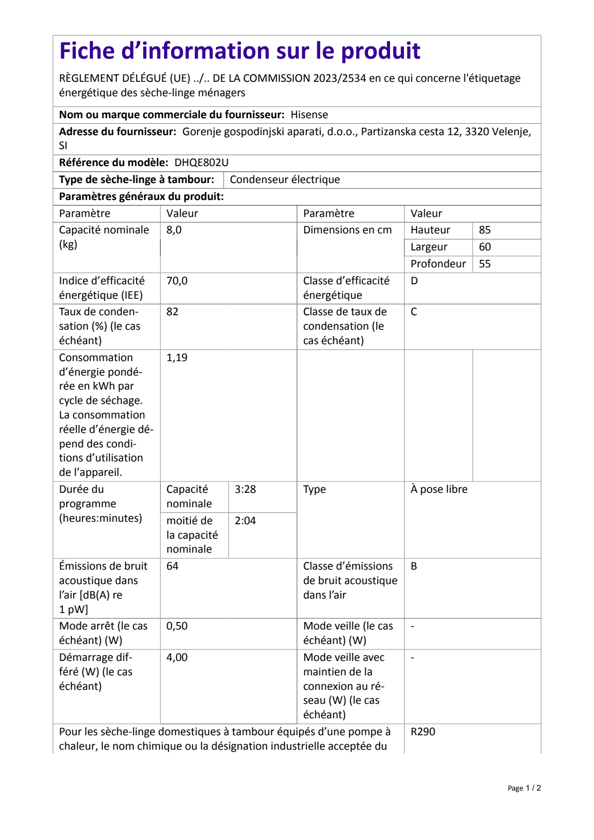 Fiche UE HISENSE DHQE802U