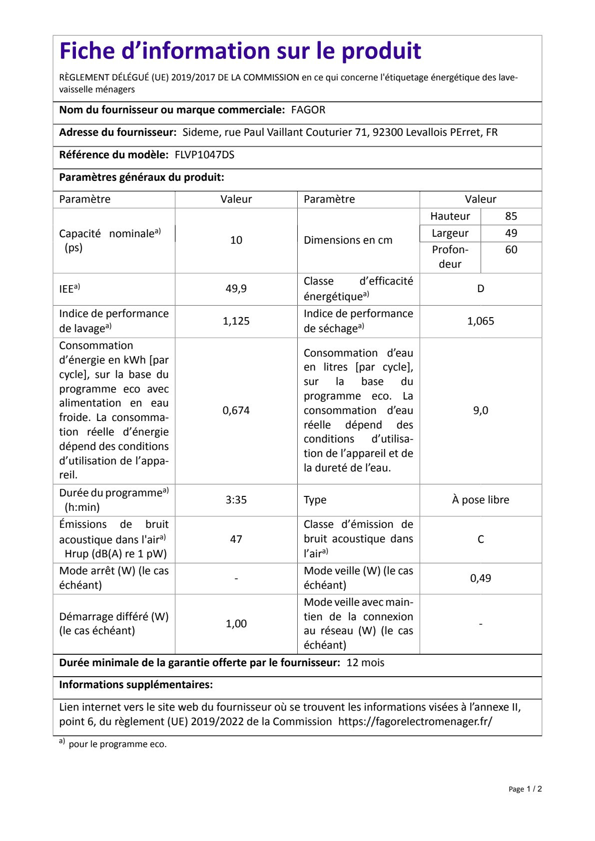 Fiche UE FAGOR FLVP1047DS