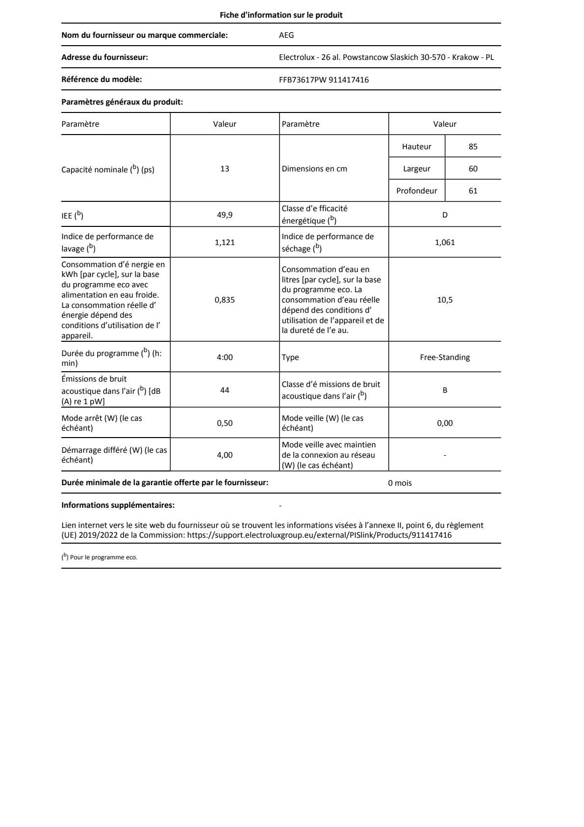 Fiche UE AEG FFB73617PW