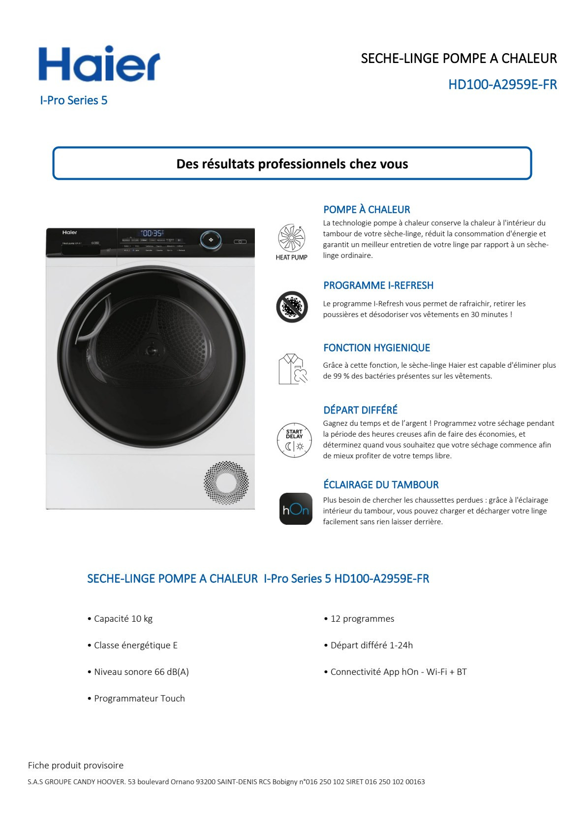 Fiche produit HAIER HD100-A2959EFR