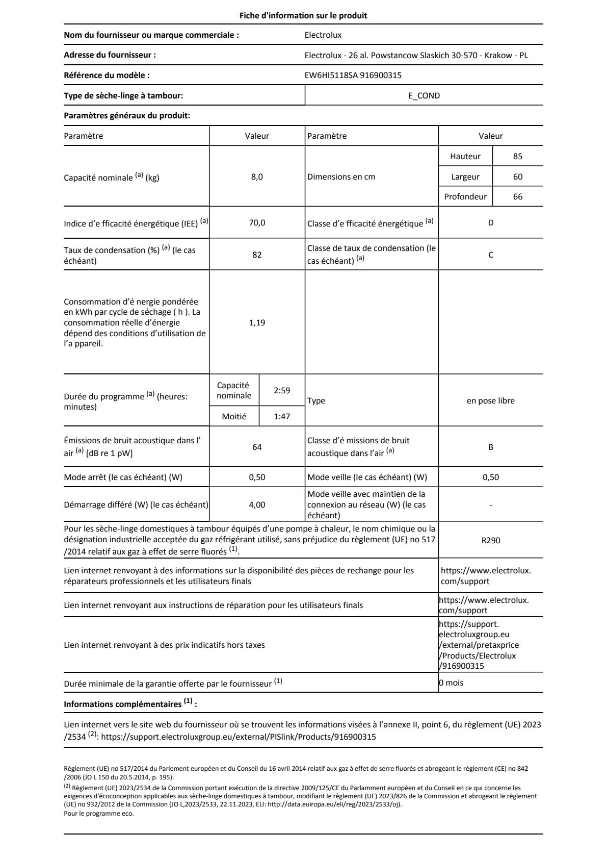 Fiche UE ELECTROLUX EW6HI5118SA