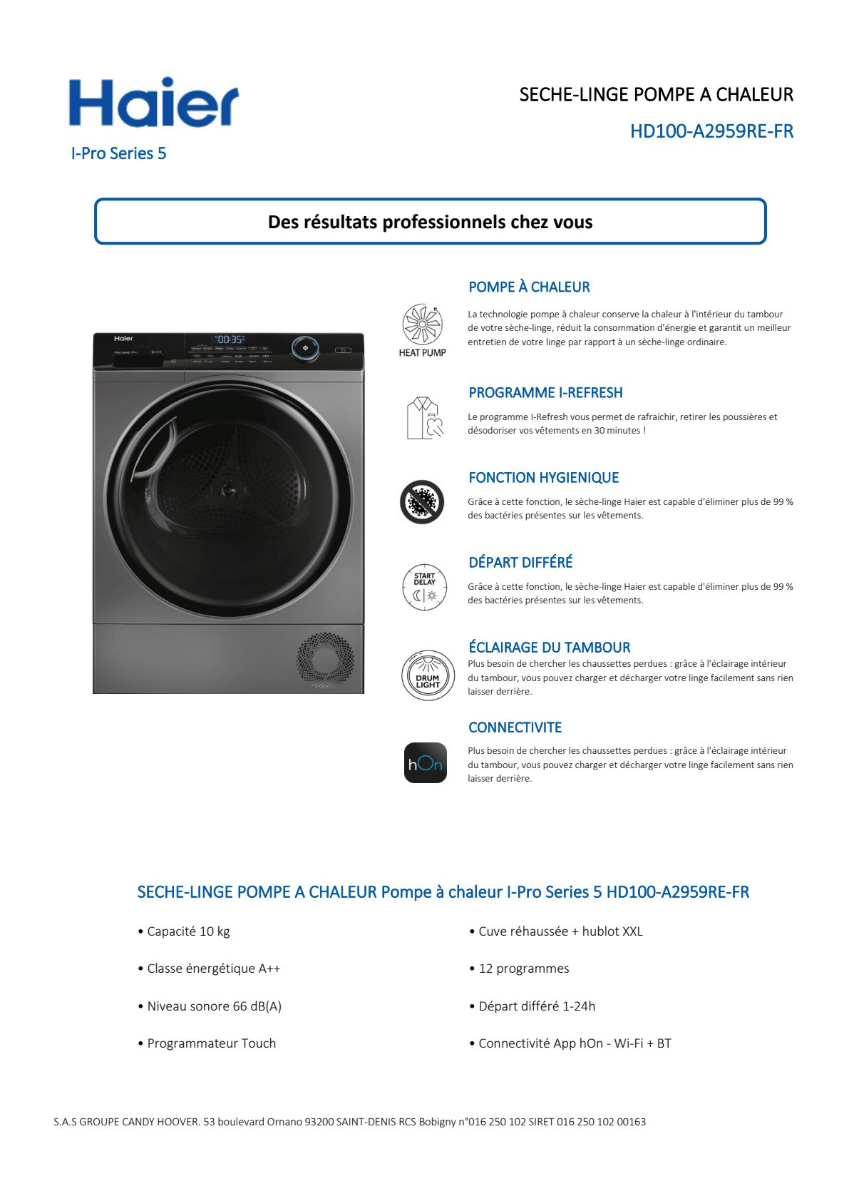 Fiche produit HAIER HD100-A2959RE-FR