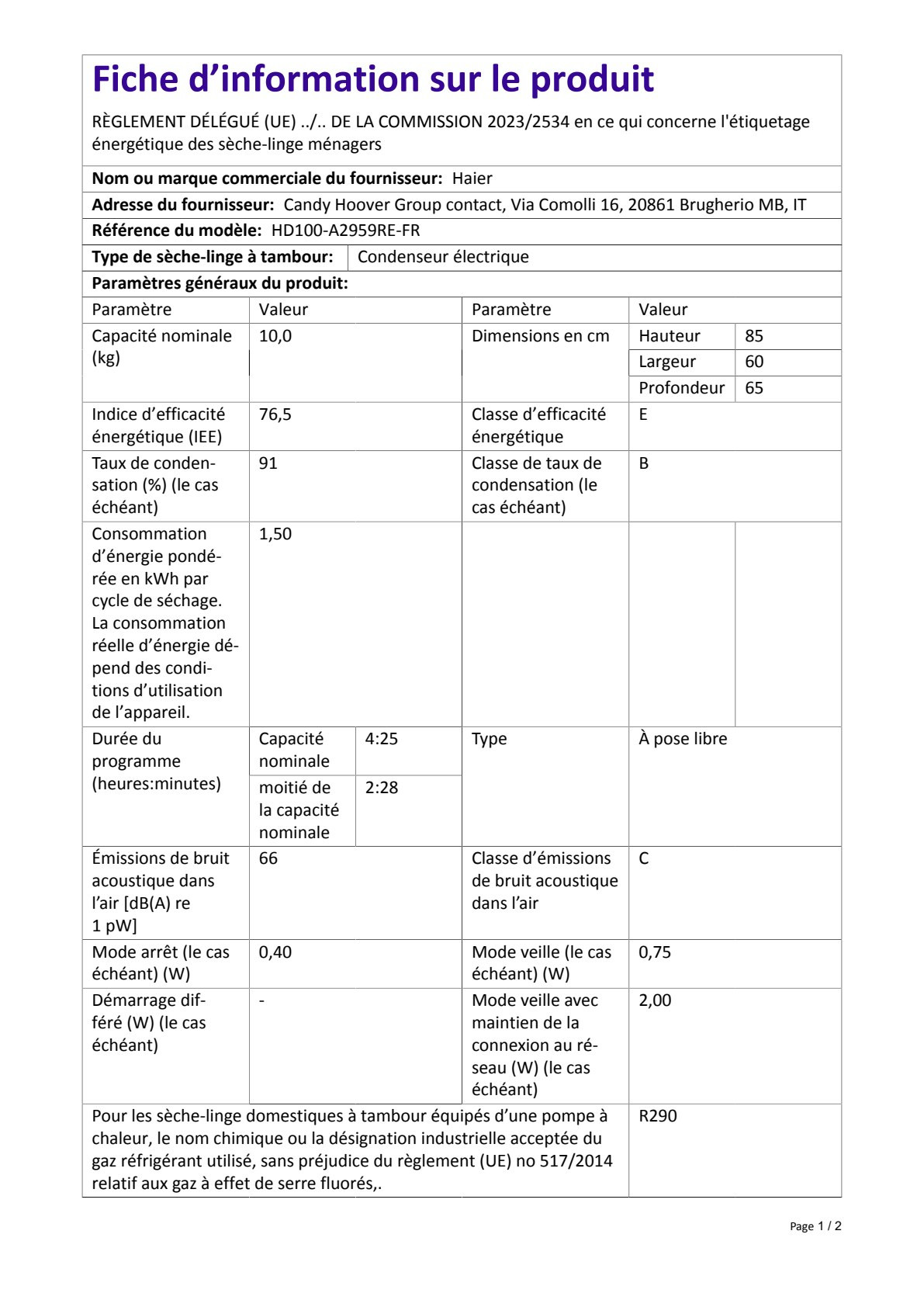 Fiche UE HAIER HD100-A2959RE-FR