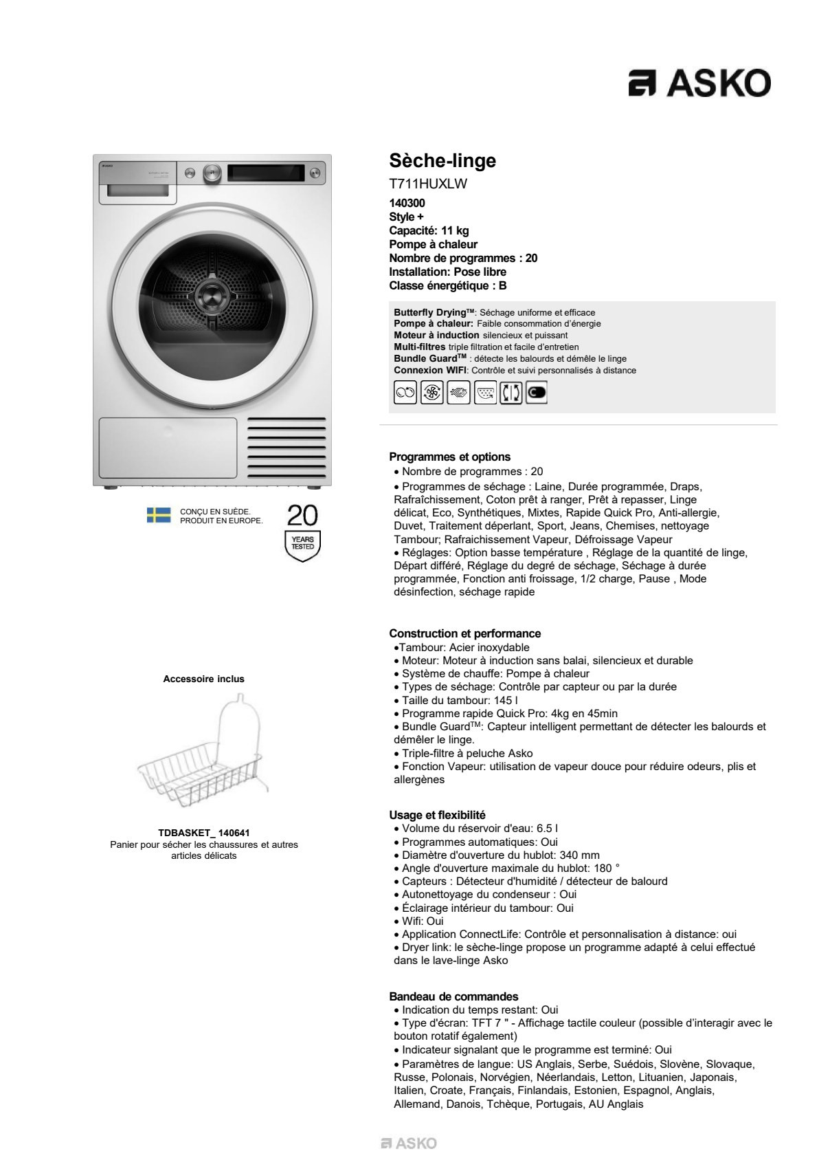 Fiche produit ASKO T711HUXLW