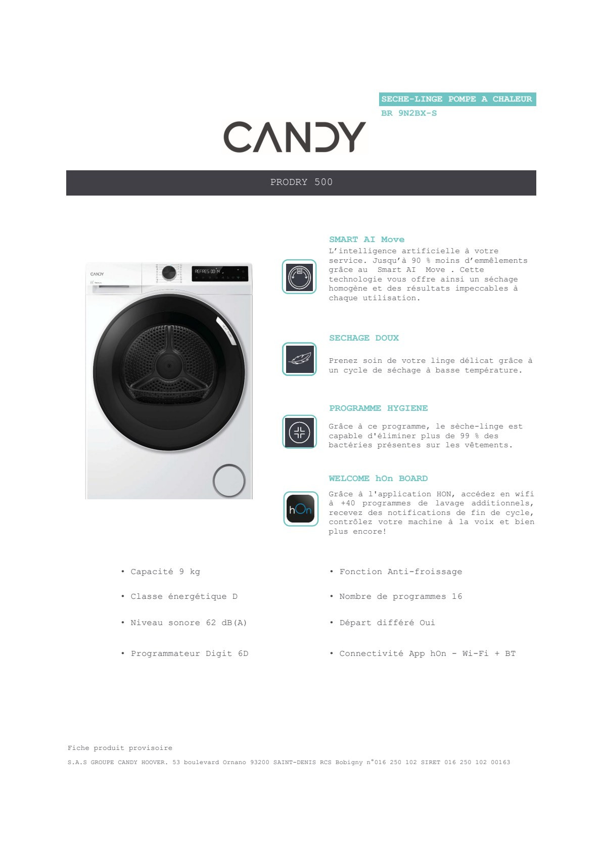 Fiche produit CANDY BR9N2BX-S