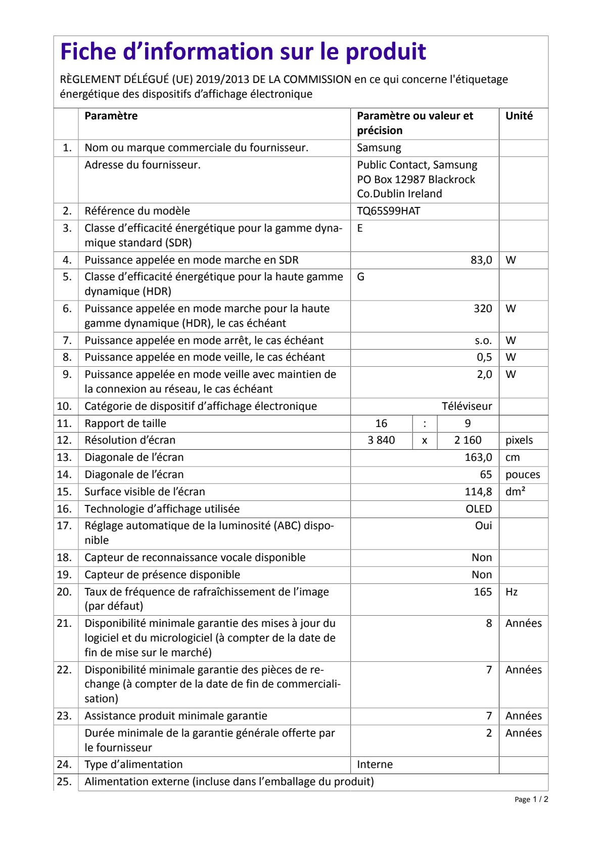 Fiche UE TQ65S99H