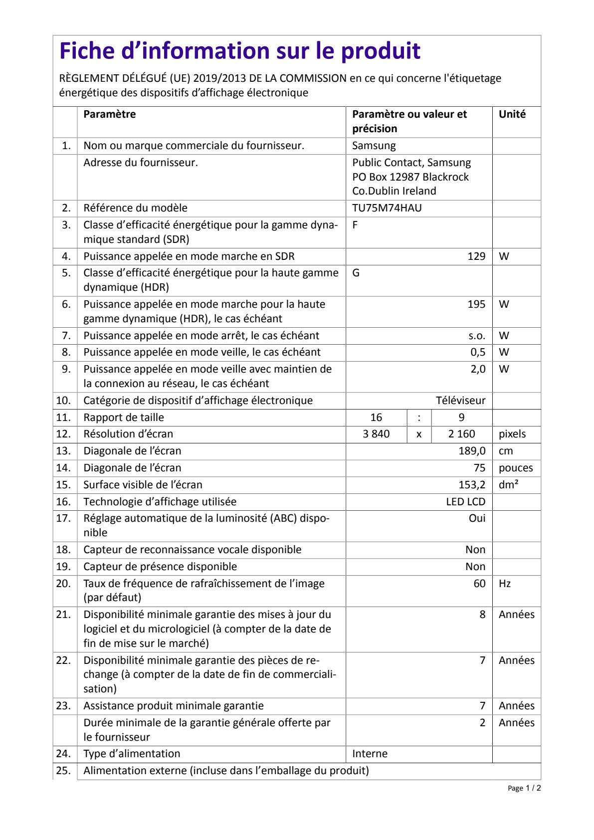 Fiche UE TU75M74H