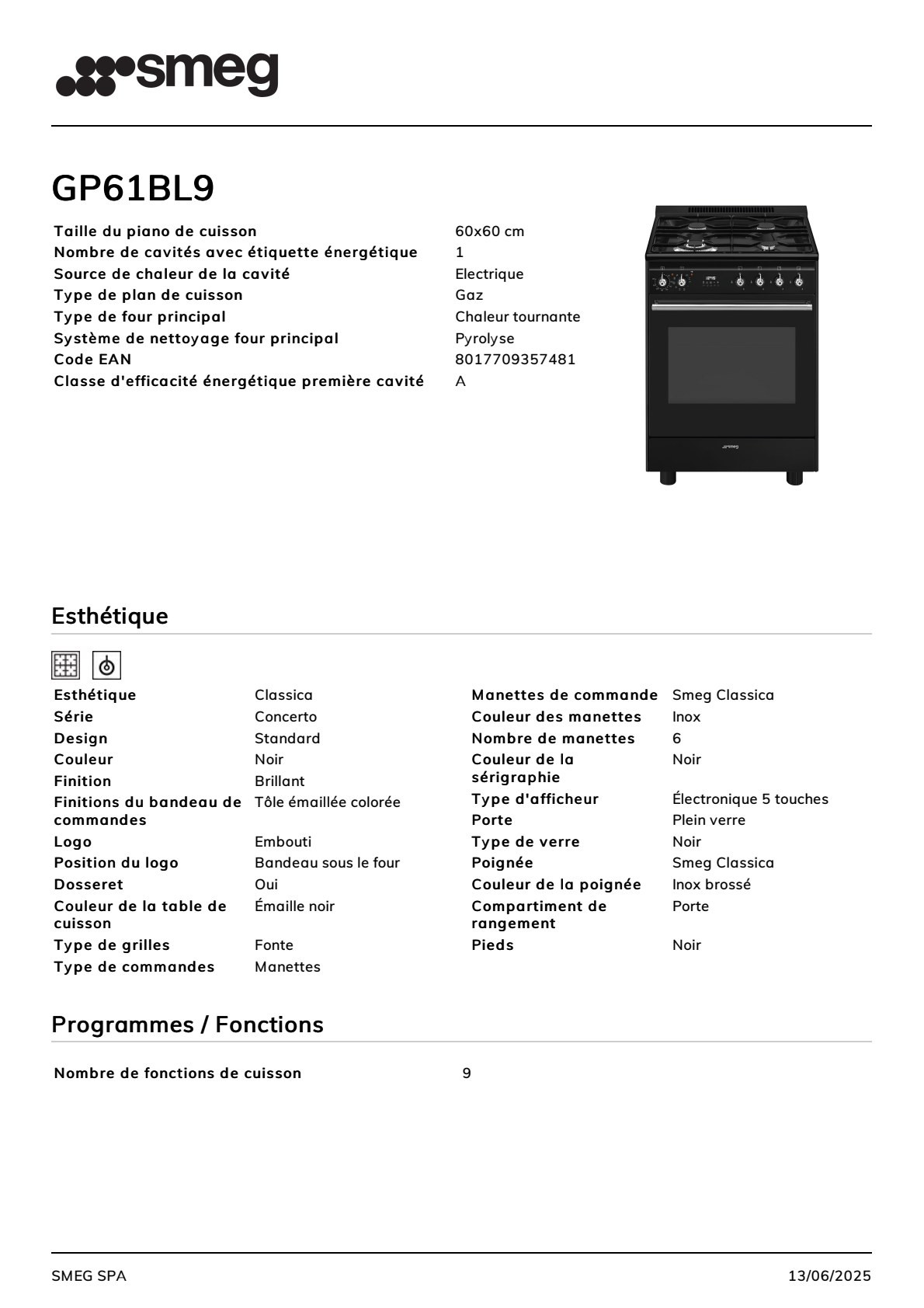 Fiche produit SMEG GP61BL9