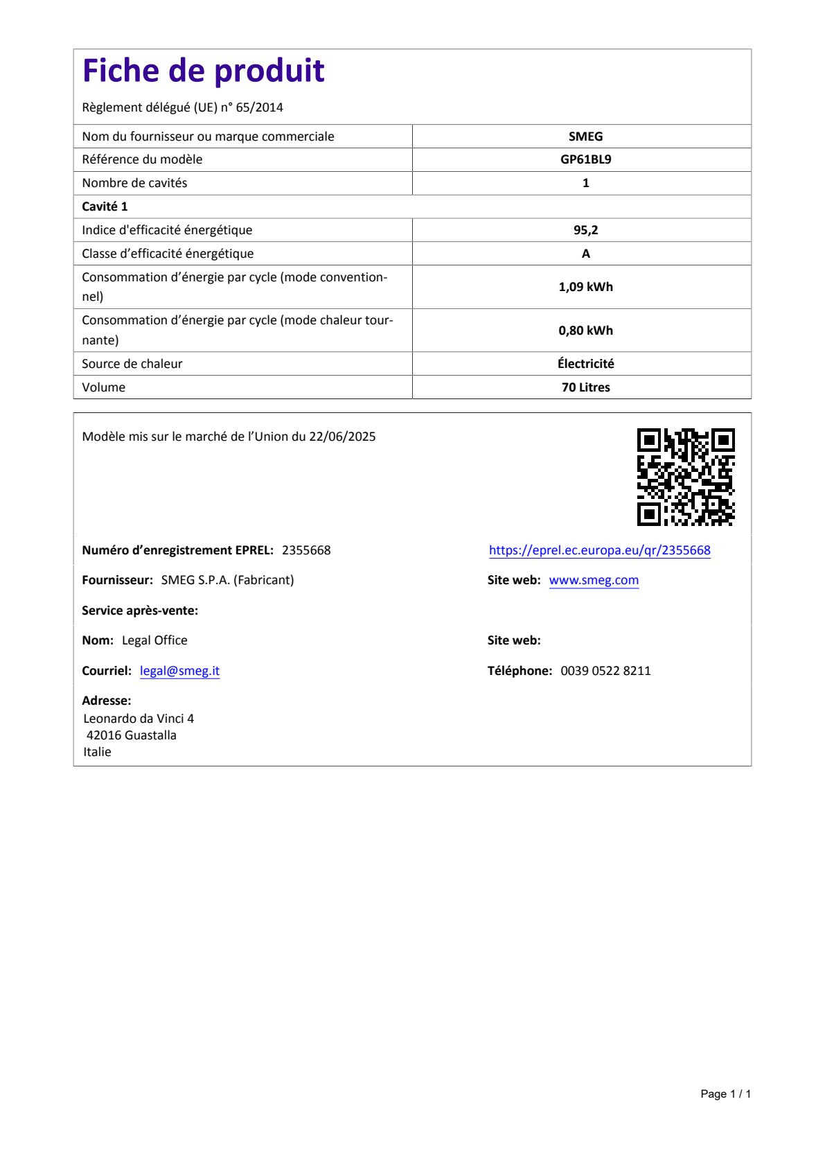 Fiche UE SMEG GP61BL9