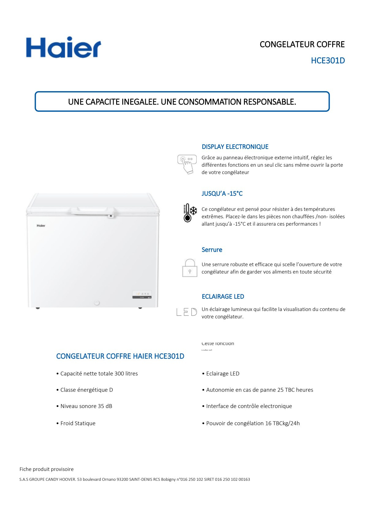 Fiche produit HAIER HCE301D