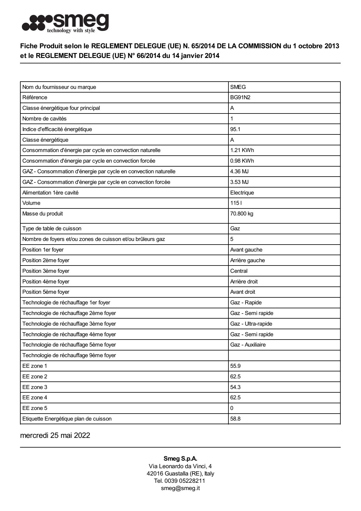 Fiche UE SMEG BG91N2