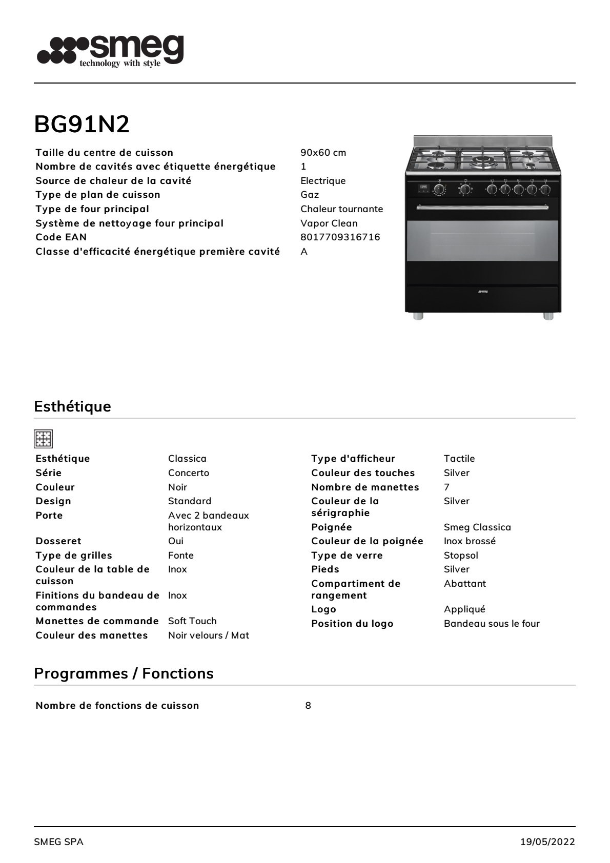 Fiche produit SMEG BG91N2