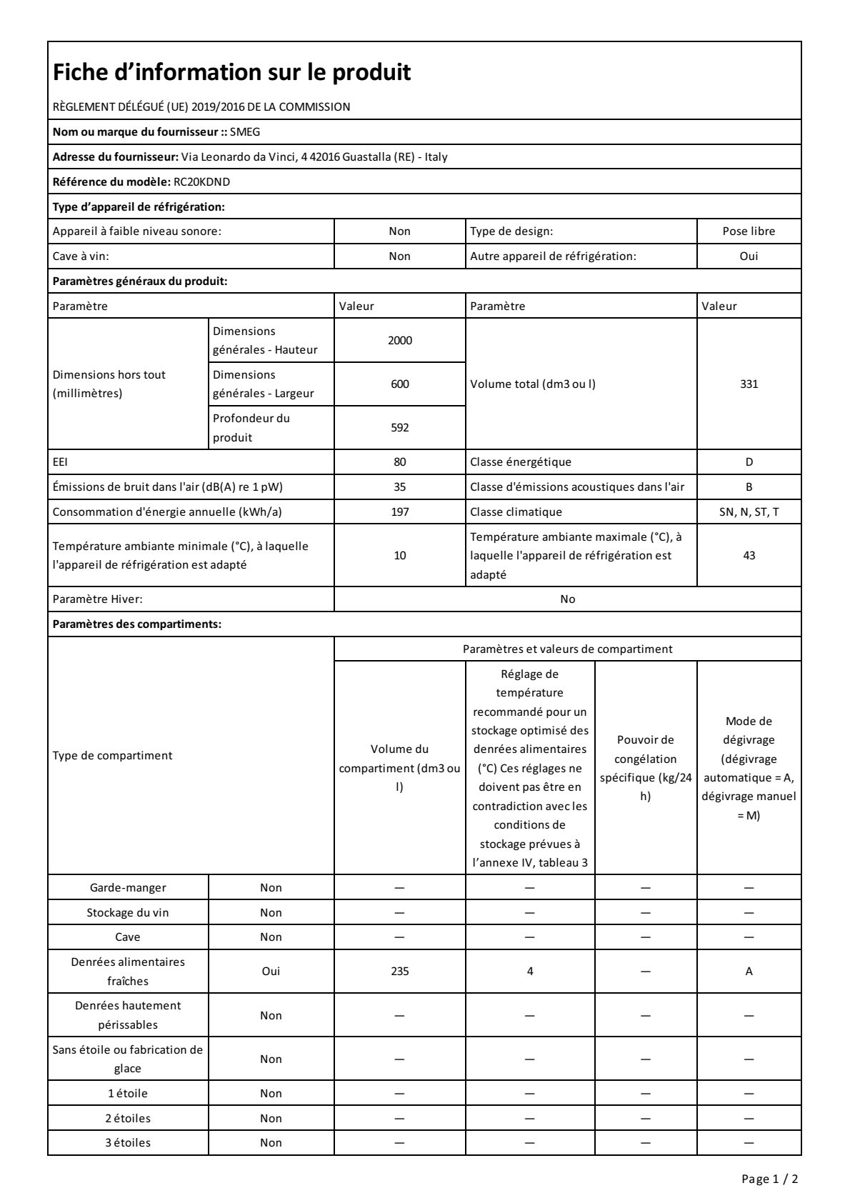 Fiche UE SMEG RC20KDND