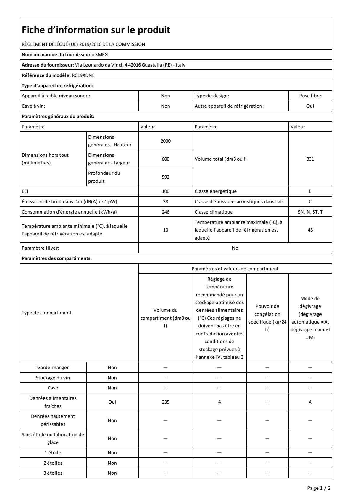 Fiche UE SMEG RC19XDNE