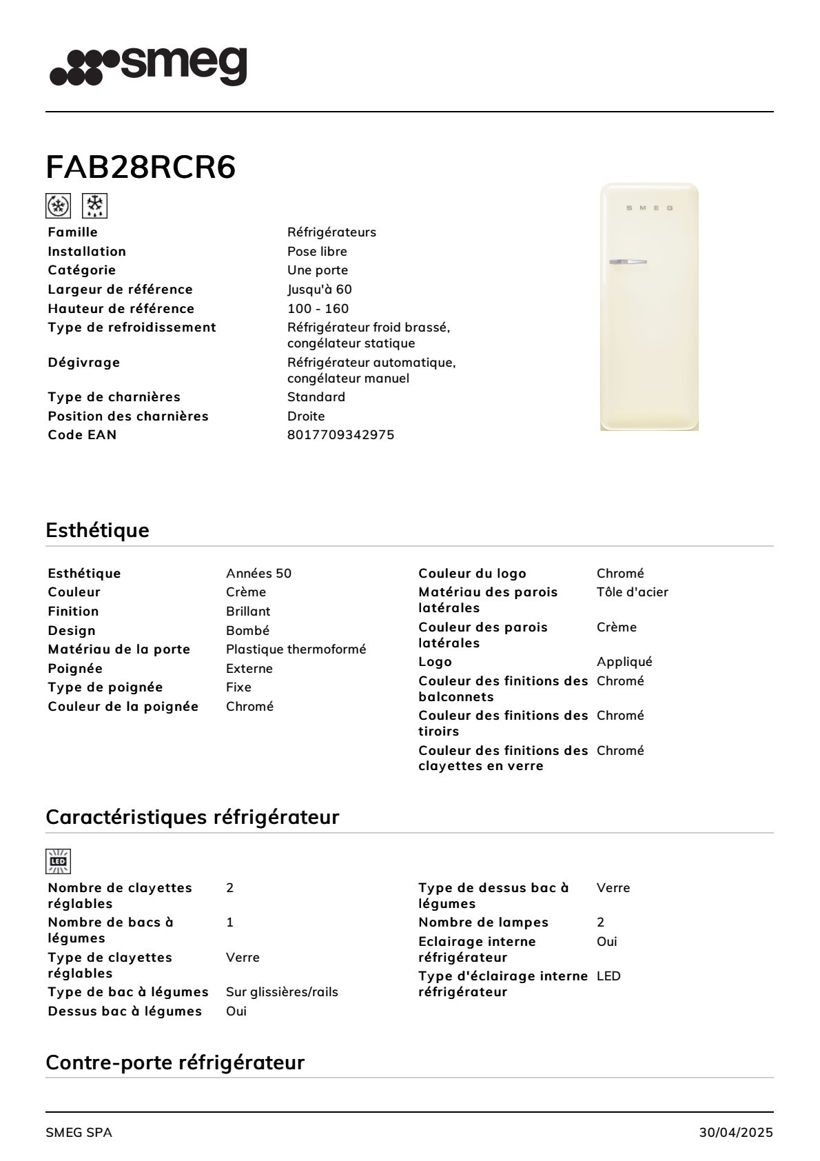 Fiche produit SMEG FAB28RCR6
