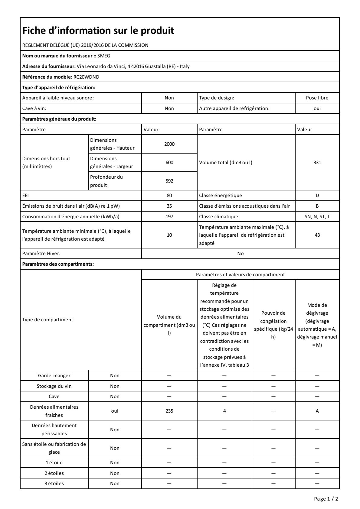 Fiche UE SMEG RC20WDND