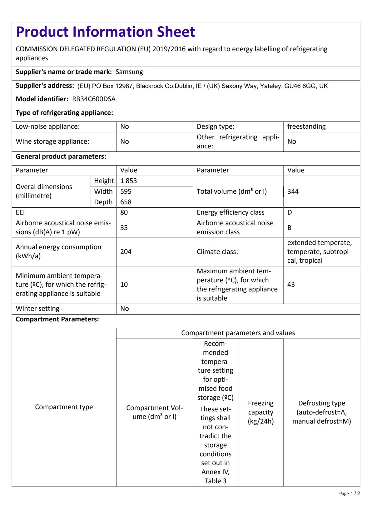 Fiche UE SAMSUNG RB34C600DSA