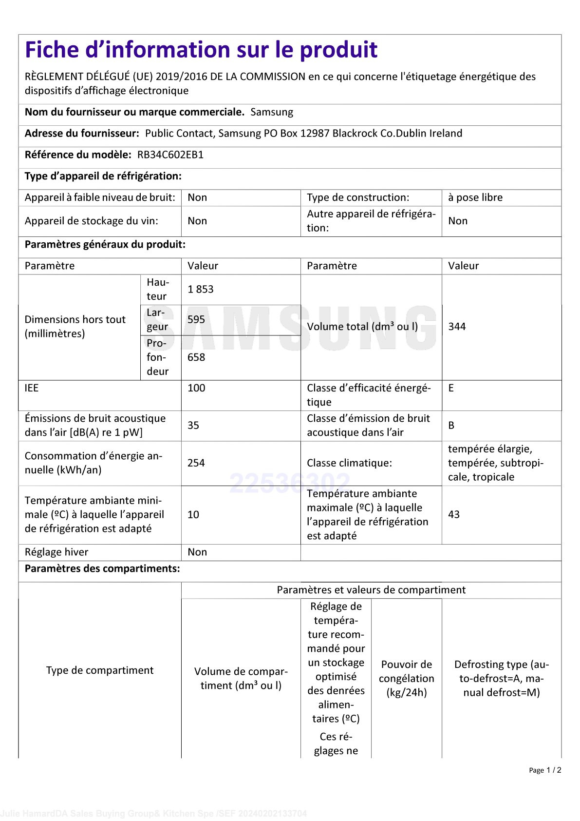 Fiche UE SAMSUNG RB34C602EB1
