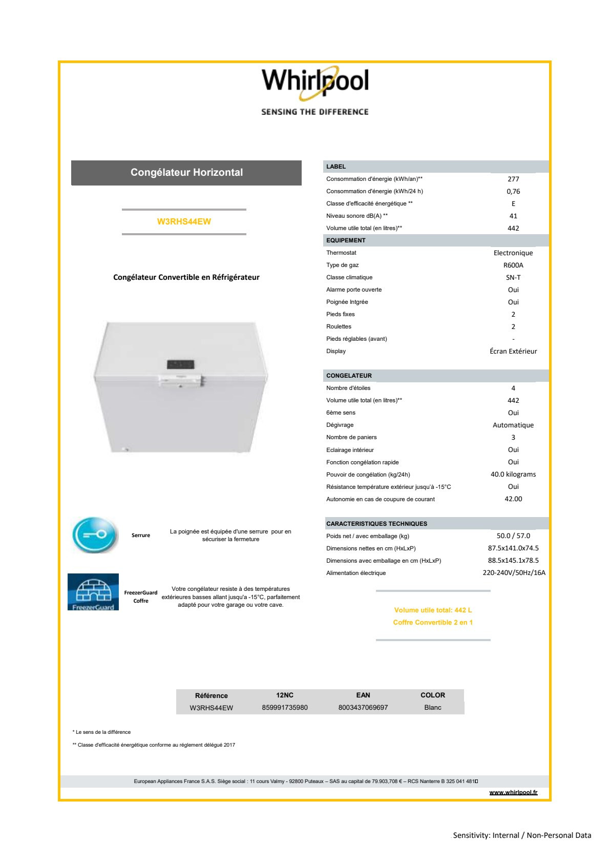 Fiche produit WHIRLPOOL W3RHS44EW