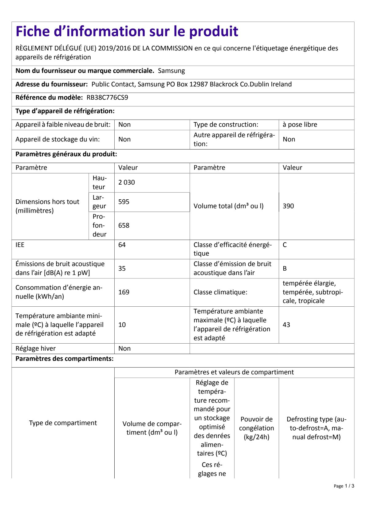 Fiche UE SAMSUNG RB38C776CS9