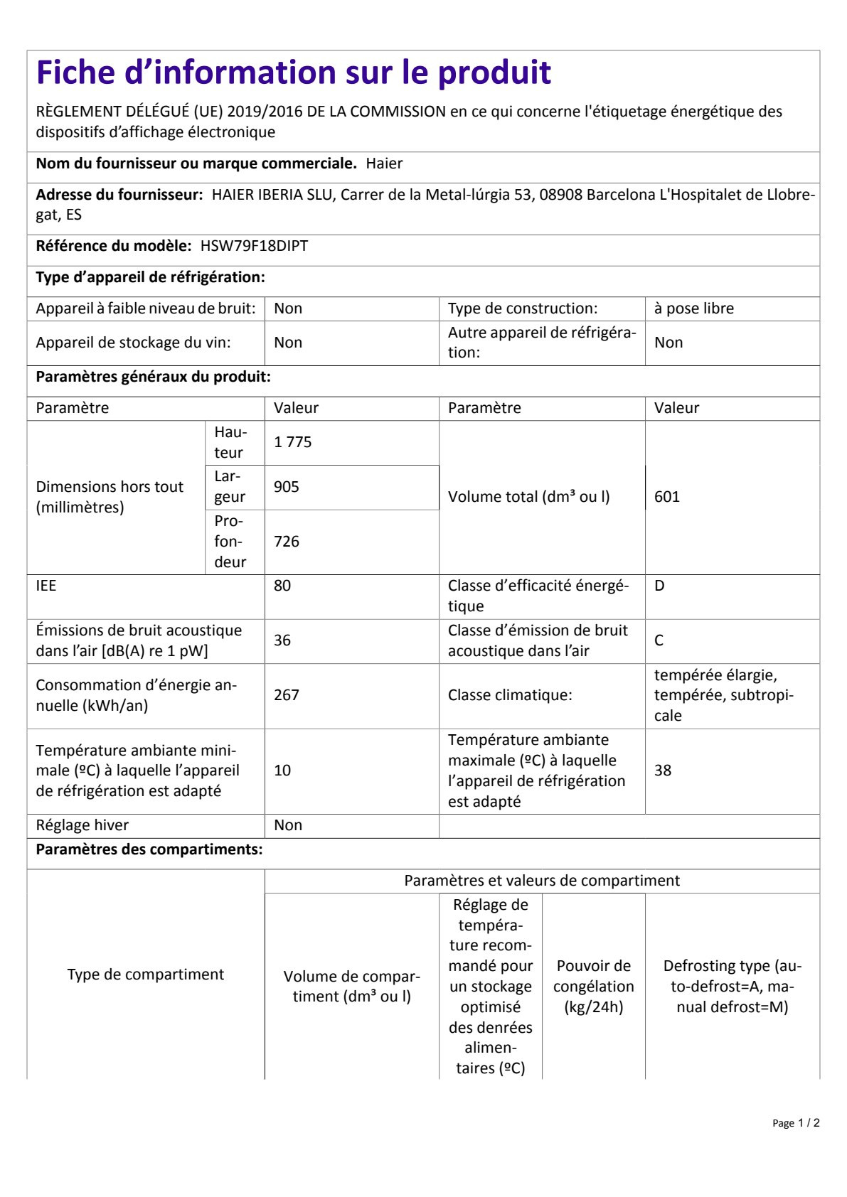 Fiche UE HAIER HSW79F18DIPT