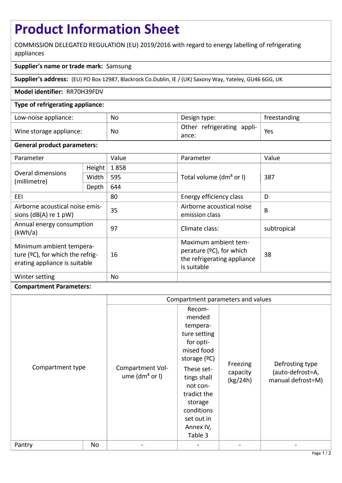 Fiche UE SAMSUNG RR70H39FDV