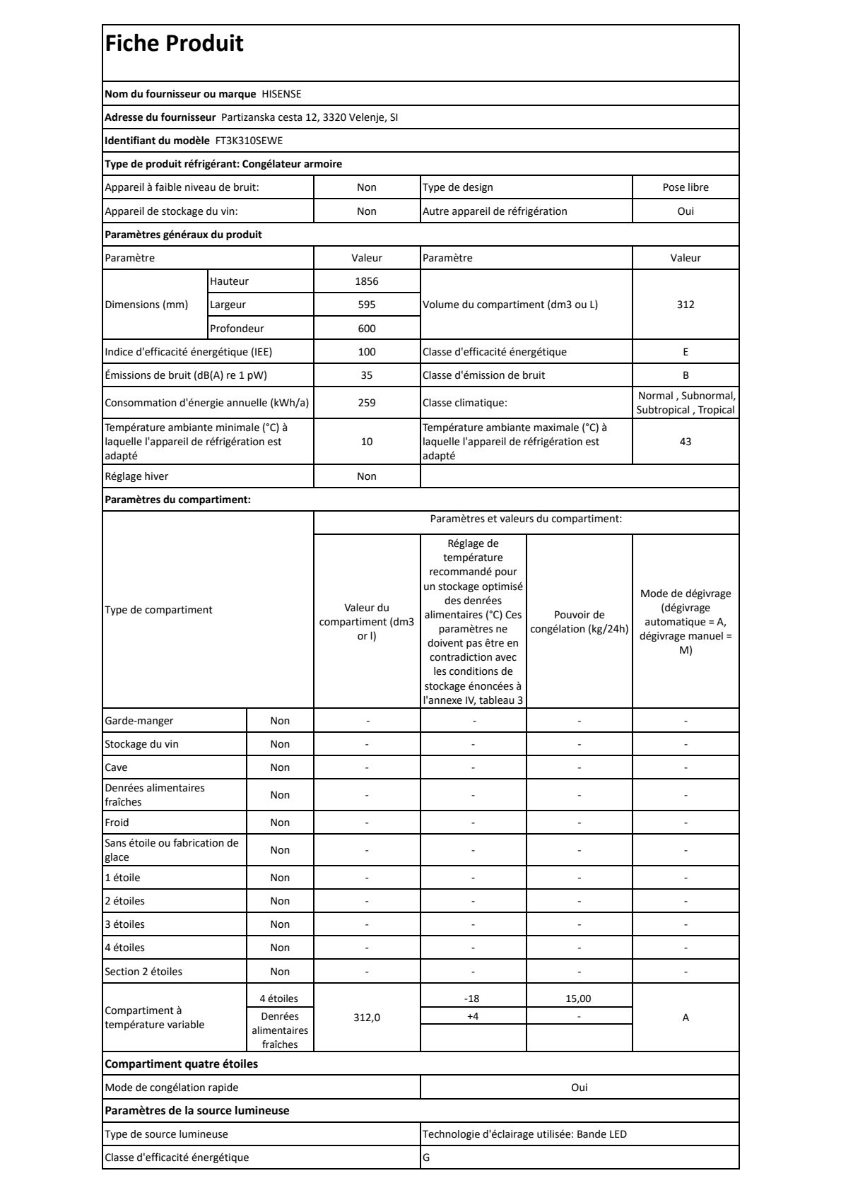 Fiche UE HISENSE FT3K310SEWE