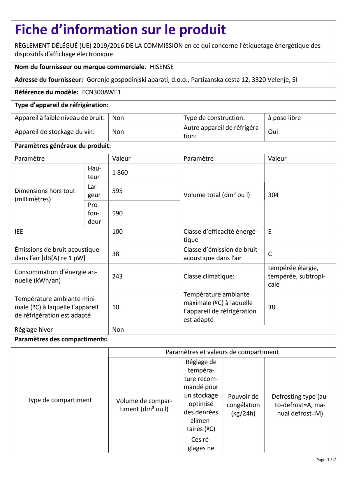 Fiche UE HISENSE FCN300AWE1